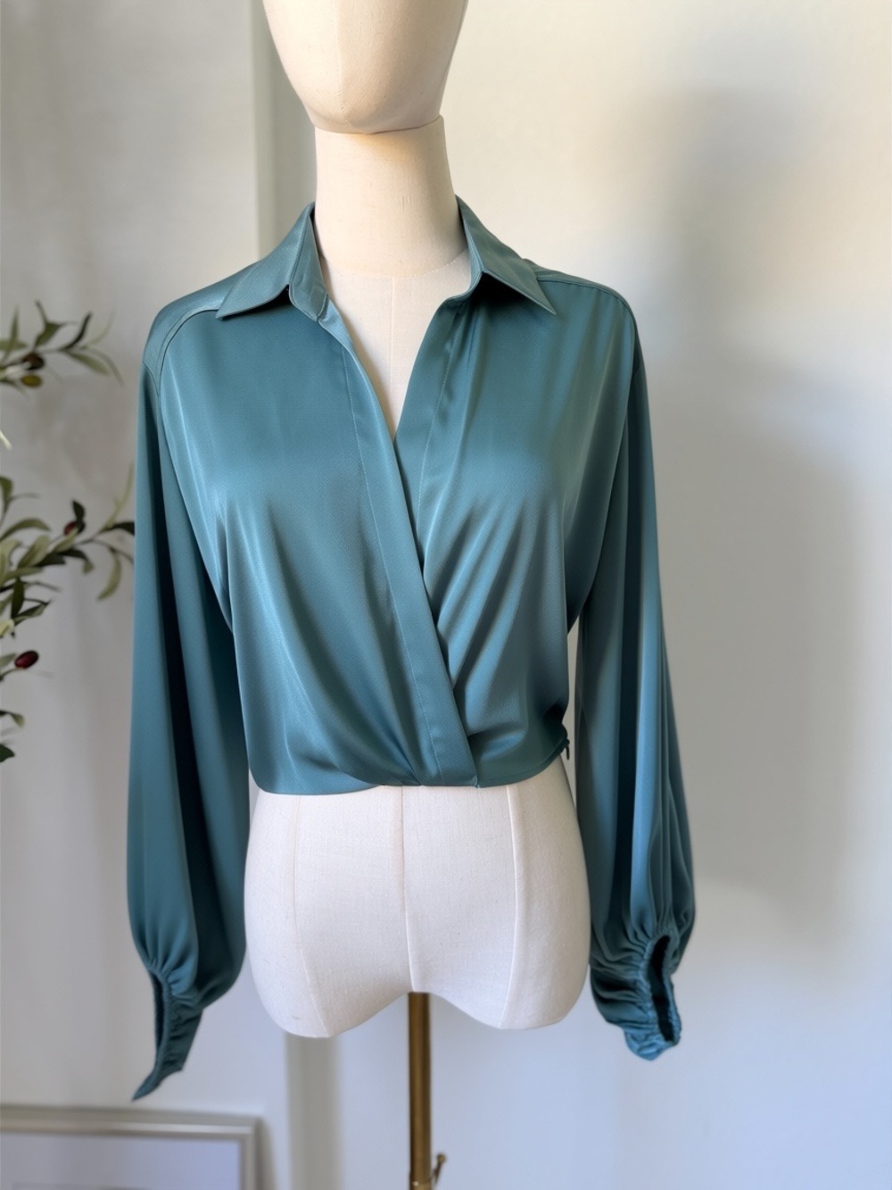 Mustard Seed Satin Wrap Blouse in Teal Blue